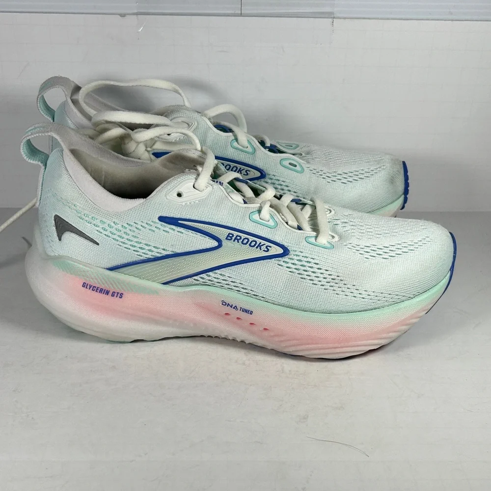 Brooks Glycerin 22 Women's 7D wide shoe Athletic Shoes - White and Blue B1 - Picture 1 of 9